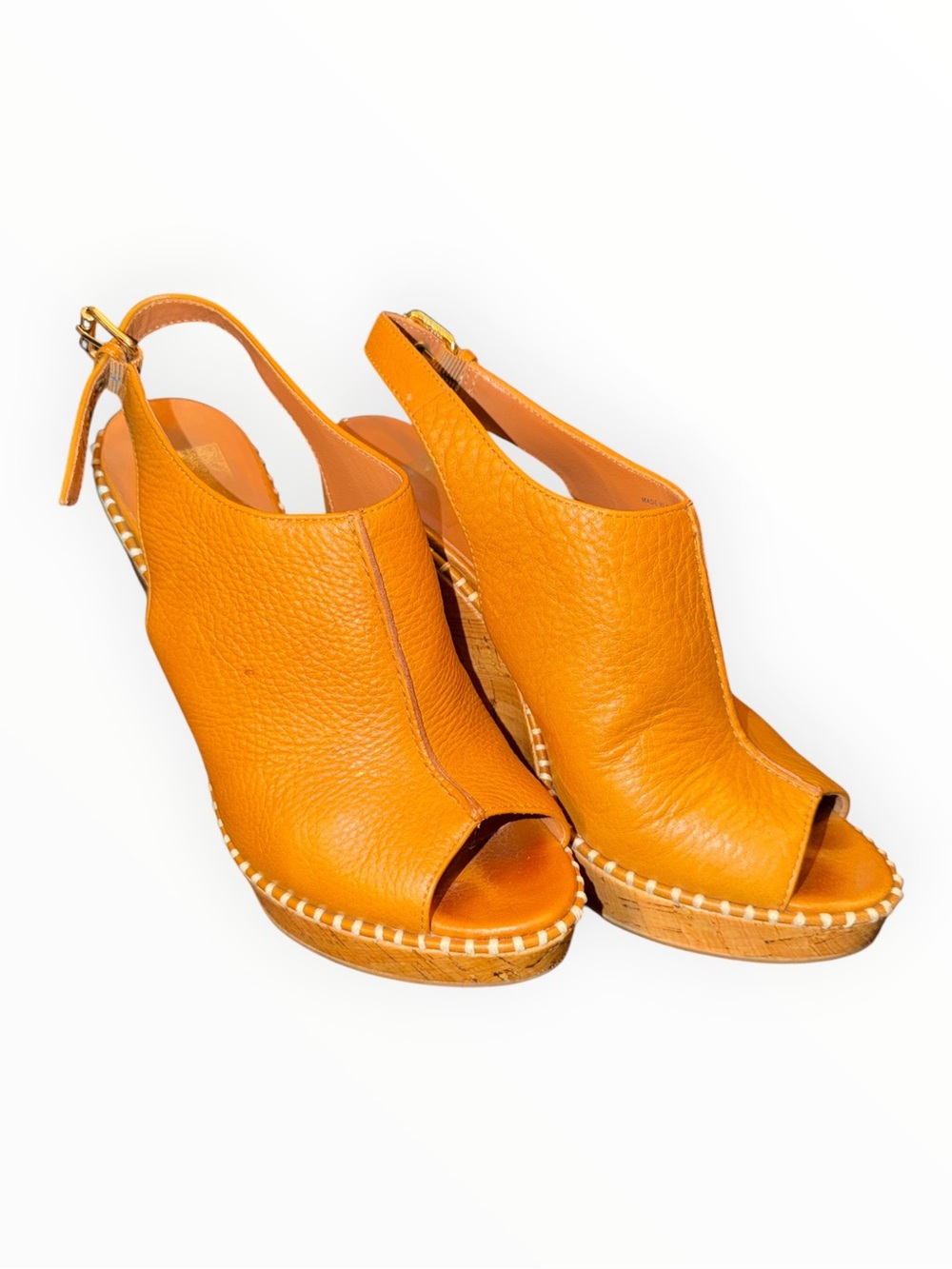 Women's Orange Leather Peep-Toe Wedge Sandals